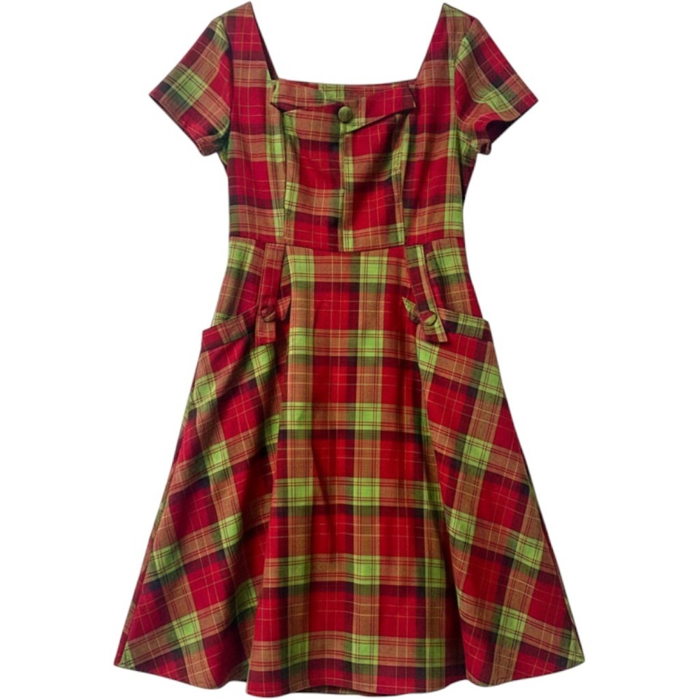 Voodoo Vixen Red Green Plaid Fit Flare Dress Retro Rockabilly XL US 10